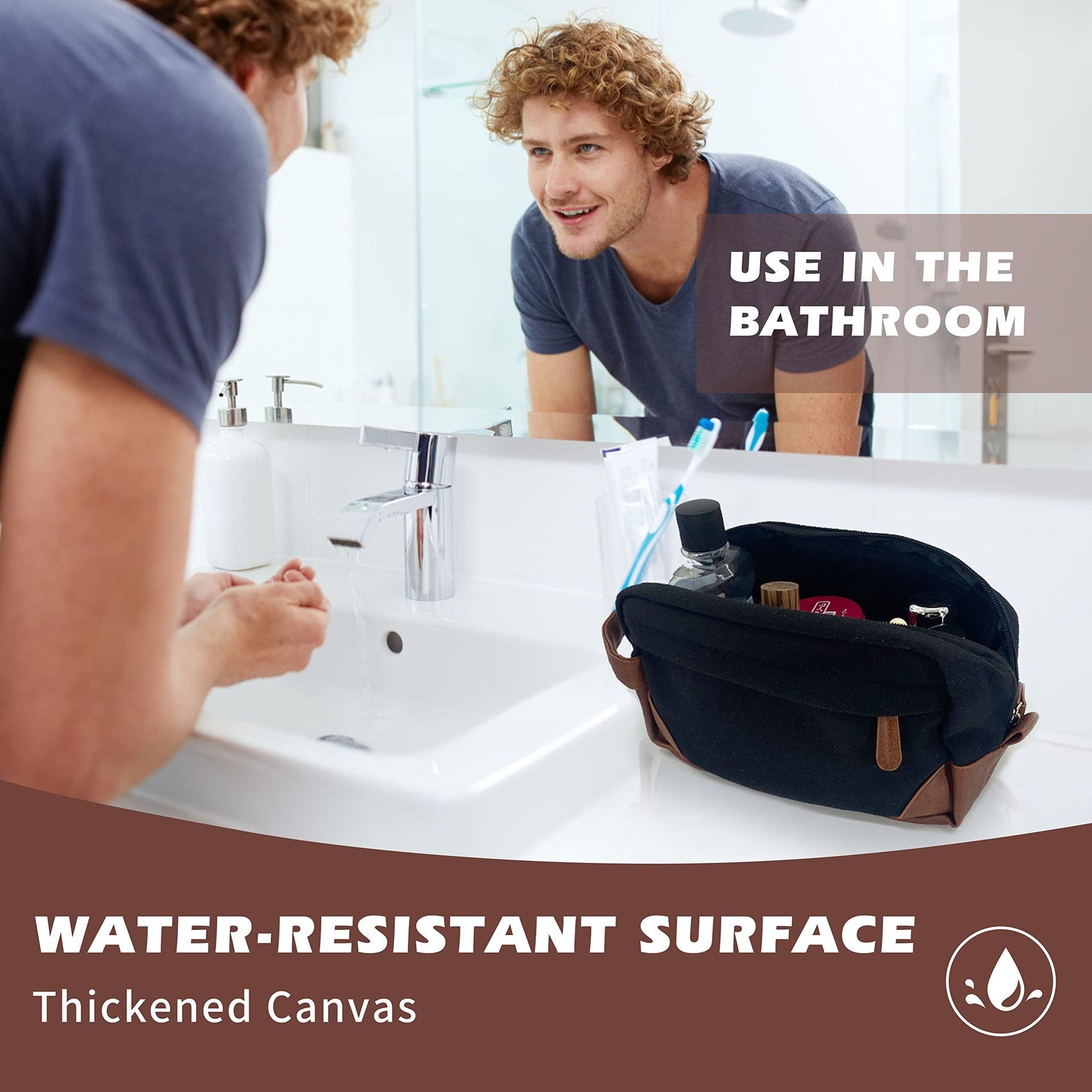 Black And Brown Men's Canvas Toiletry Bag - Large Capacity Water-Resistant Travel Organizer Dopp Kit with Handle 5
