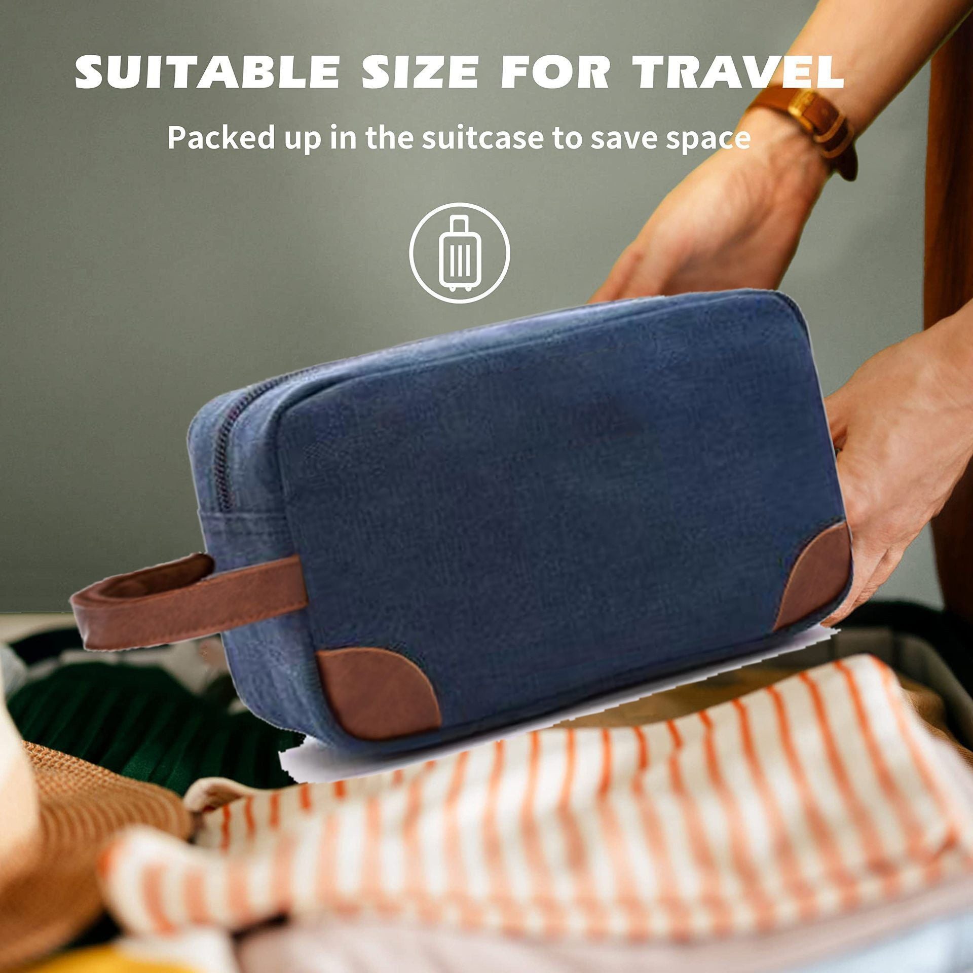 Dark Blue And Brown Men's Canvas Toiletry Bag - Large Capacity Water-Resistant Travel Organizer Dopp Kit with Handle 8