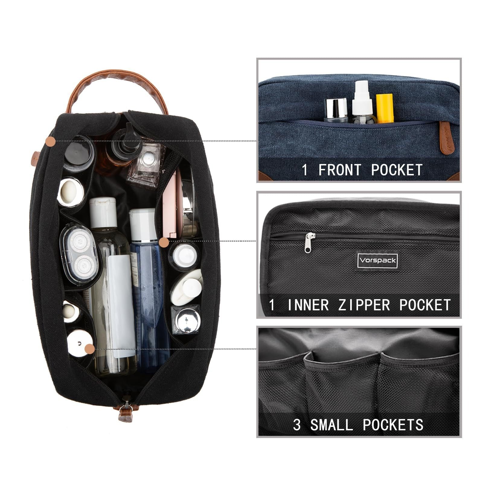 Grey And Brown Men's Canvas Toiletry Bag - Large Capacity Water-Resistant Travel Organizer Dopp Kit with Handle 6