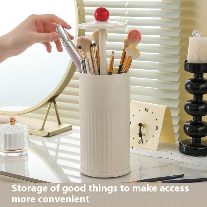 Beige Automatic Lifting Makeup Brush Holder - Dustproof Desktop Organizer with Lid & Compartments 8