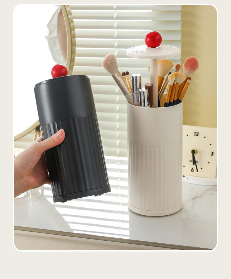 Black Automatic Lifting Makeup Brush Holder - Dustproof Desktop Organizer with Lid & Compartments 3