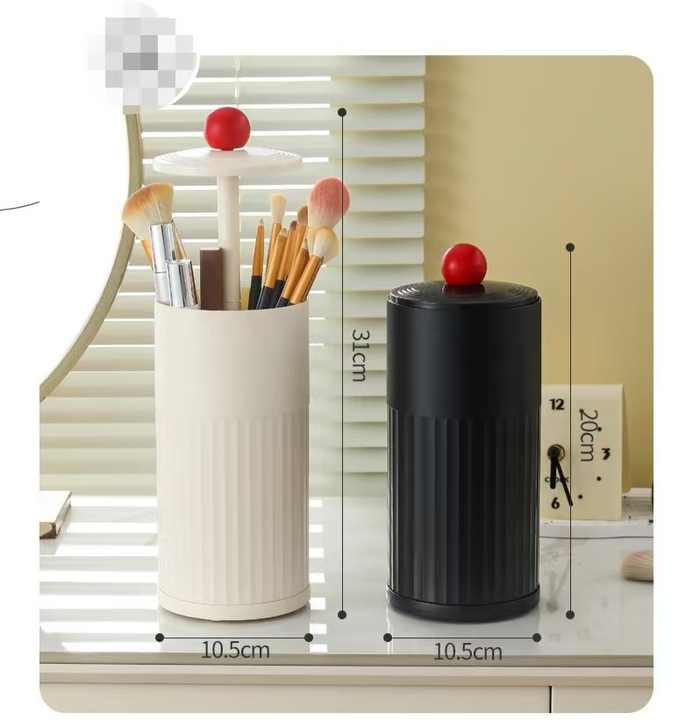 Black Automatic Lifting Makeup Brush Holder - Dustproof Desktop Organizer with Lid & Compartments 4