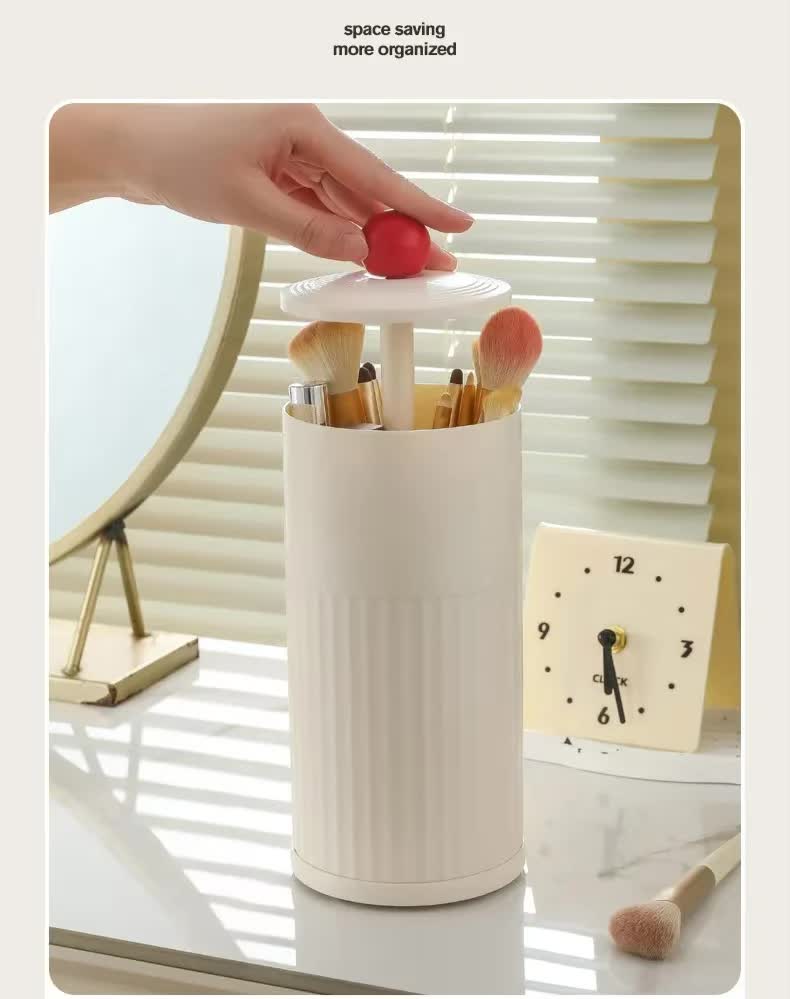 Black Automatic Lifting Makeup Brush Holder - Dustproof Desktop Organizer with Lid & Compartments 6