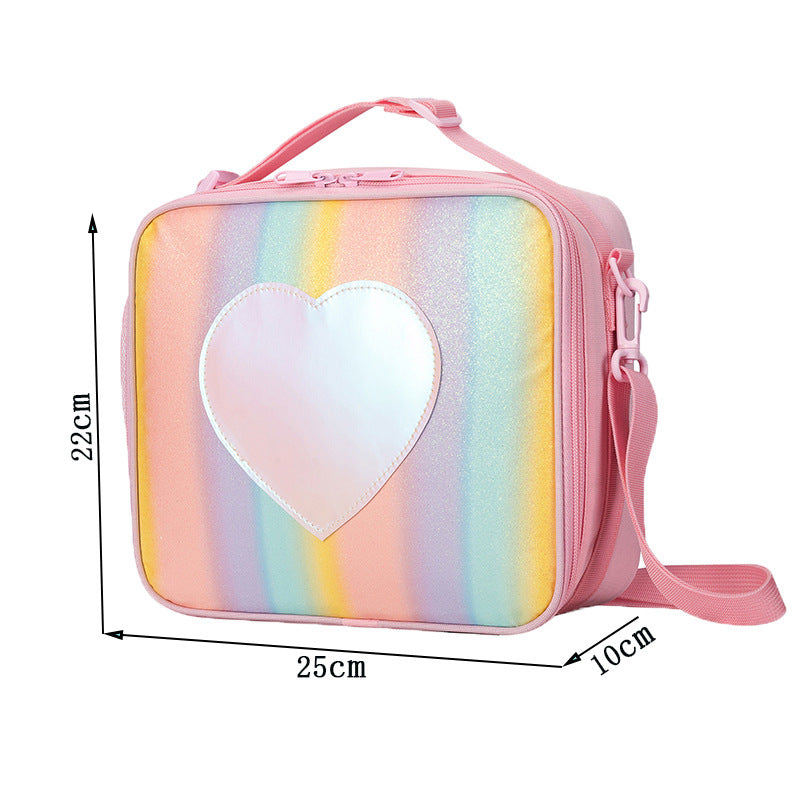 Orange Sparkling Rainbow Heart Insulated Lunch Bag for Kids - Portable School Lunch Box with Shoulder Strap 3