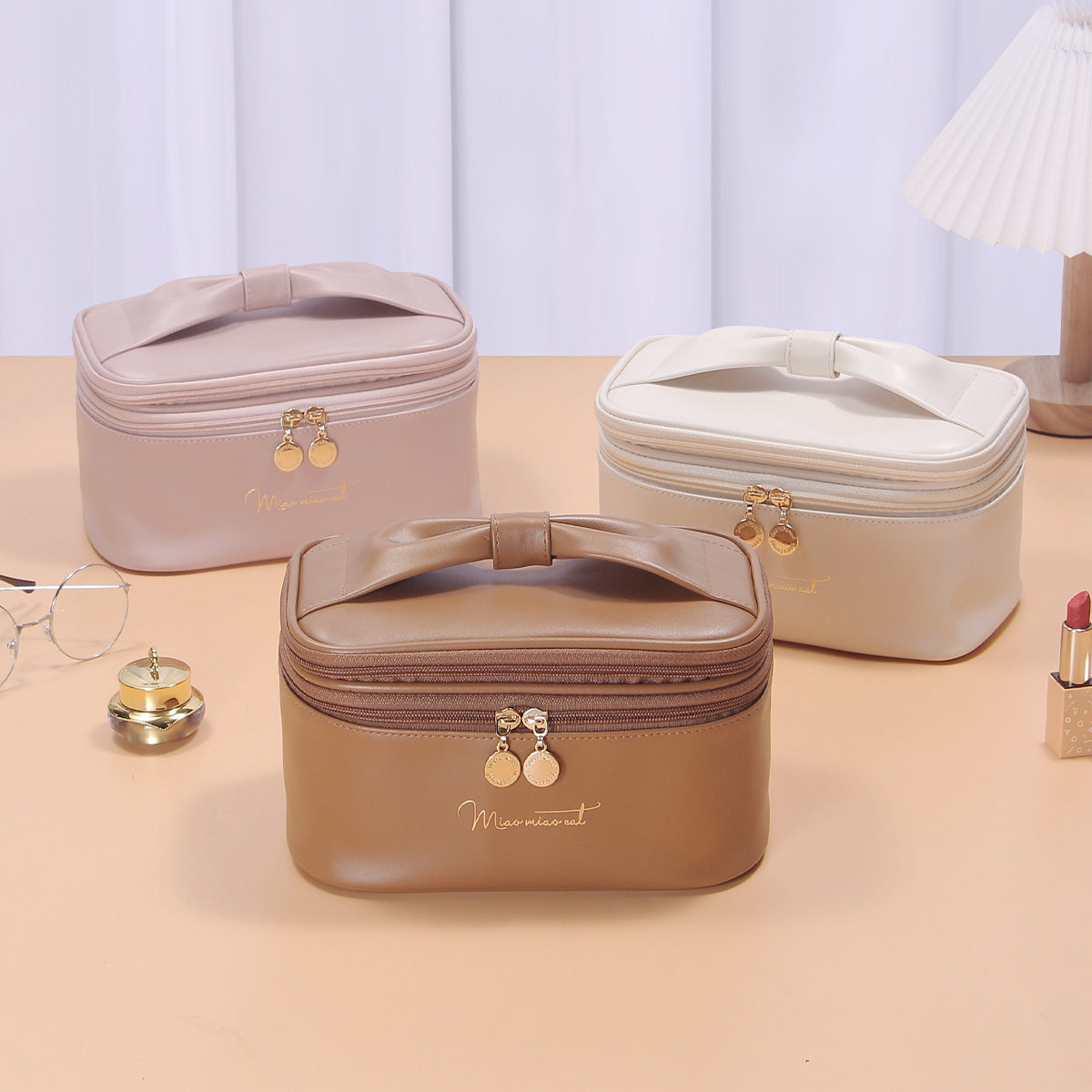 Beige Stylish PU Leather Makeup Bag - Large Capacity Double Layer Waterproof Travel Cosmetic Organizer Case for Women 3