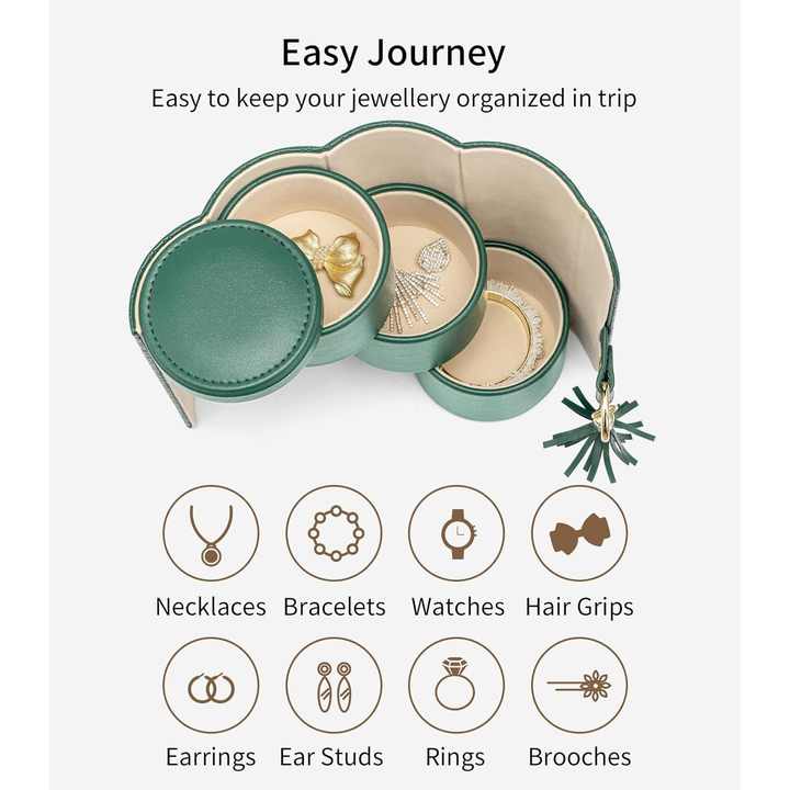 Green Elegant 3-Tier Cylindrical Travel Jewellery Box - PU Leather Organizer for Rings Earrings Necklaces with Tassel Charm 5