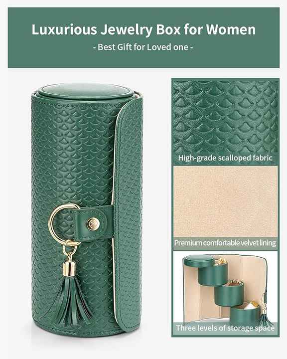Green Elegant 3-Tier Cylindrical Travel Jewellery Box - PU Leather Organizer for Rings Earrings Necklaces with Tassel Charm 6
