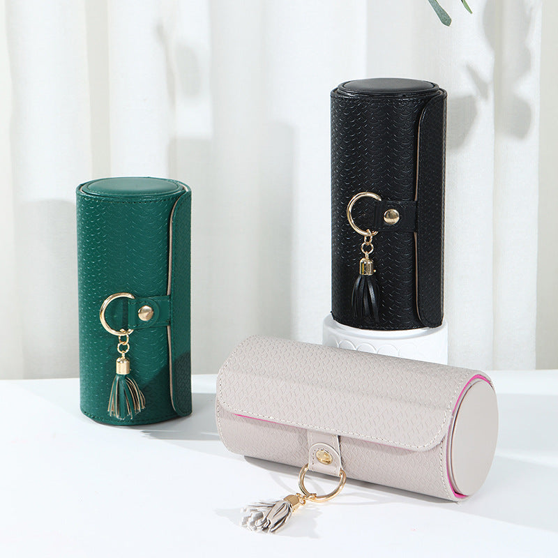 Beige and Pink Elegant 3-Tier Cylindrical Travel Jewellery Box - PU Leather Organizer for Rings Earrings Necklaces with Tassel Charm 3