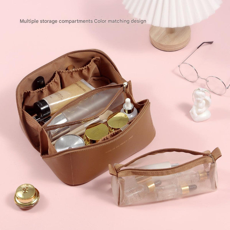 Beige Elegant PU Leather Makeup Bag & Toiletry Organizer with Detachable Mesh Pouch - Large Capacity Travel Cosmetic Case 3