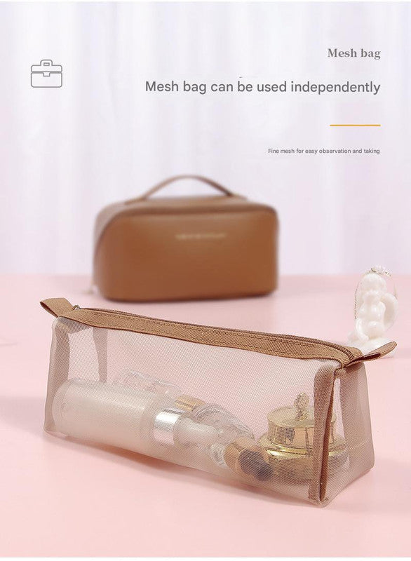 Pink Elegant PU Leather Makeup Bag & Toiletry Organizer with Detachable Mesh Pouch - Large Capacity Travel Cosmetic Case 4