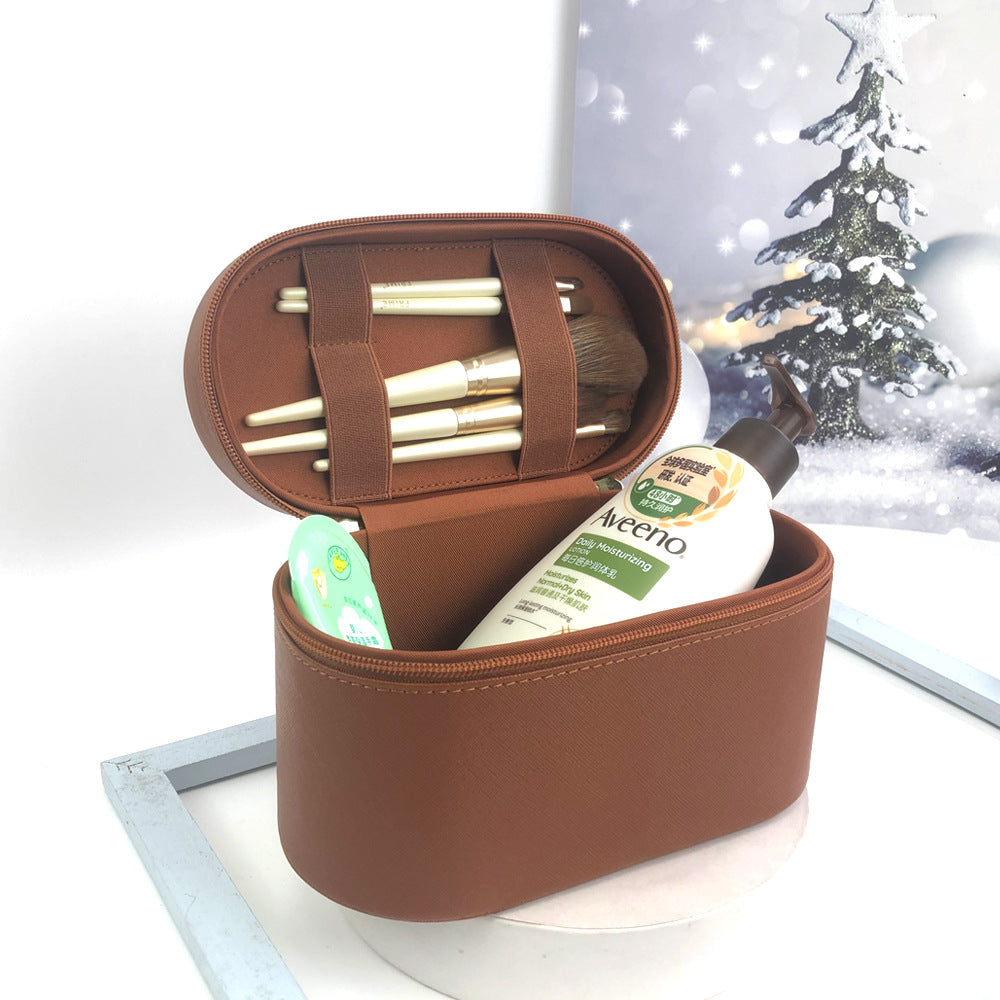 Brown Elegant PU Leather Makeup & Toiletry Bag - Large Capacity Travel Cosmetic Organizer with Brush Holder 5