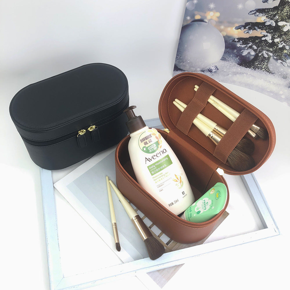 Beige Elegant PU Leather Makeup & Toiletry Bag - Large Capacity Travel Cosmetic Organizer with Brush Holder 3