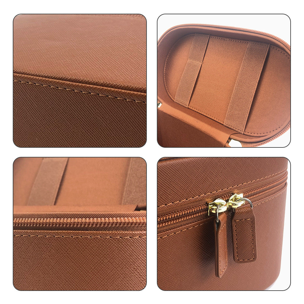 Beige Elegant PU Leather Makeup & Toiletry Bag - Large Capacity Travel Cosmetic Organizer with Brush Holder 4