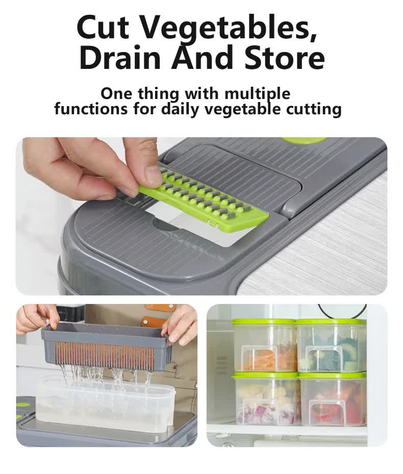 Green And Grey Ultimate 12-in-1 Multi-Functional Vegetable Slicer Dicer Chopper - Mandoline with Storage Containers & Drain Basket 6