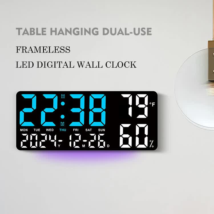 Black Background With White Light Sleek Large LED Digital Wall & Desk Clock - Remote Control, Temperature, Humidity, Dual Alarms, Calendar
