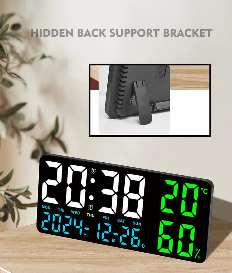 Black Background With White Light Sleek Large LED Digital Wall & Desk Clock - Remote Control, Temperature, Humidity, Dual Alarms, Calendar 4