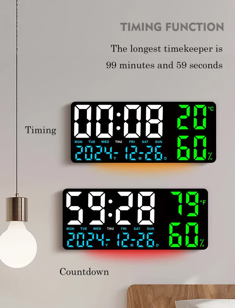 Black Background With White Light Sleek Large LED Digital Wall & Desk Clock - Remote Control, Temperature, Humidity, Dual Alarms, Calendar 5