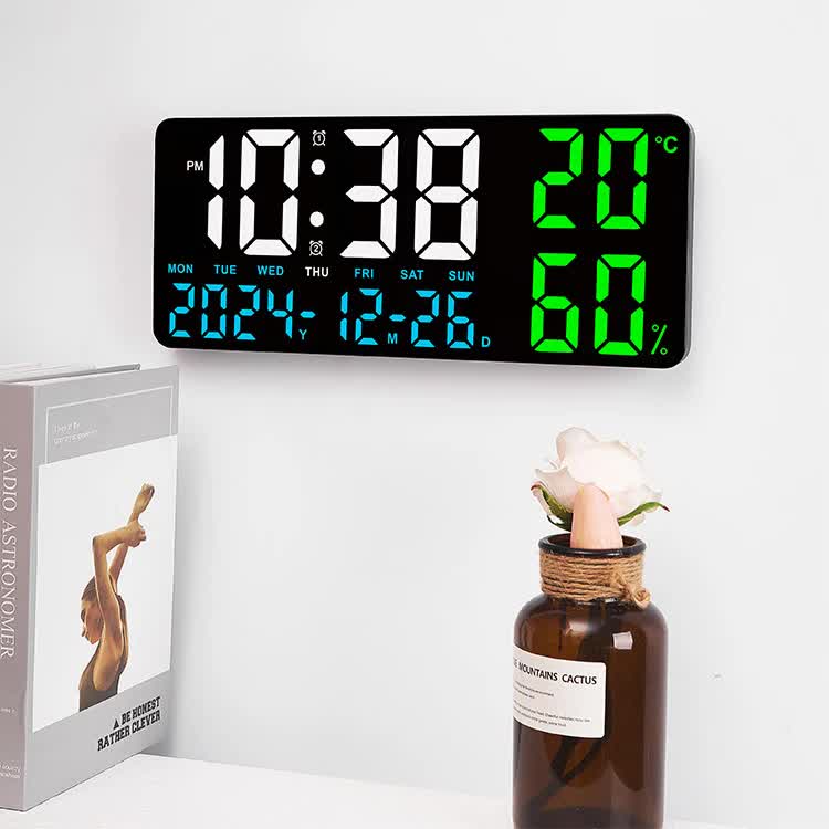 Black Background With White Light Sleek Large LED Digital Wall & Desk Clock - Remote Control, Temperature, Humidity, Dual Alarms, Calendar 10