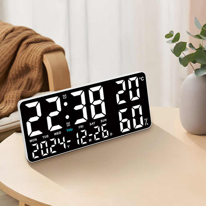 Black Background With Green and White Light Sleek Large LED Digital Wall & Desk Clock - Remote Control, Temperature, Humidity, Dual Alarms, Calendar 11
