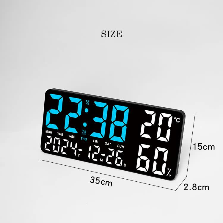 Black Background With Blue,Green and White Light Sleek Large LED Digital Wall & Desk Clock - Remote Control, Temperature, Humidity, Dual Alarms, Calendar 8