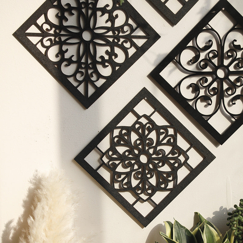 Black Set of 4 Intricate Black Wooden Wall Art Panels - Diamond Mandala Style Home Decor Plaques 3