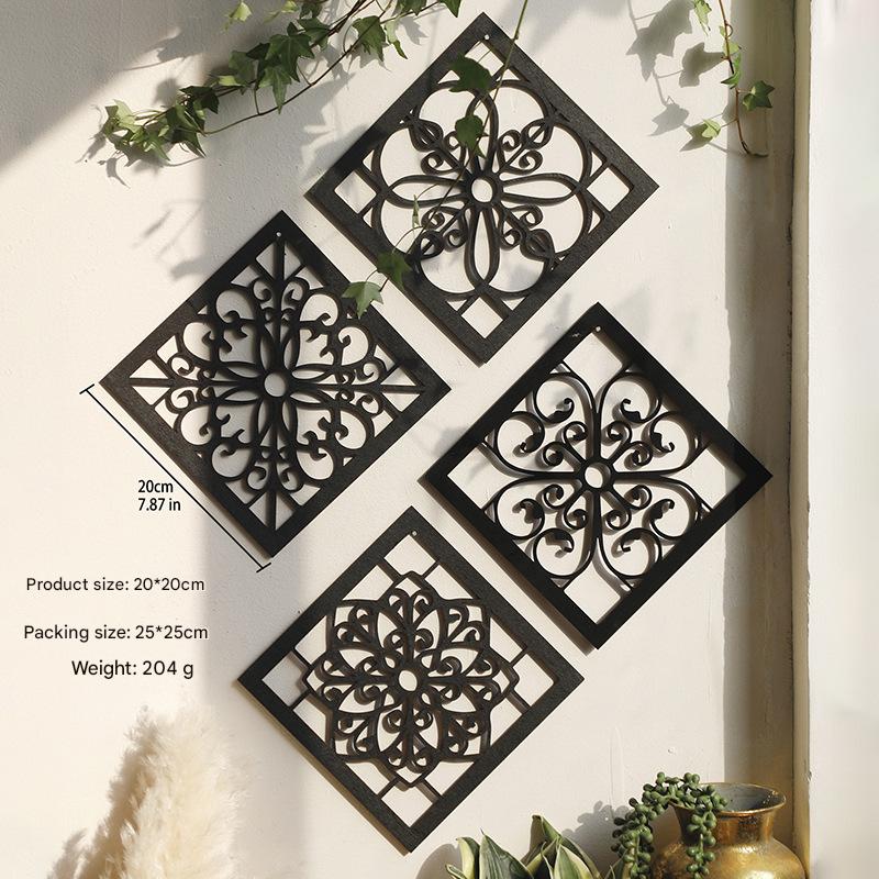 Black Set of 4 Intricate Black Wooden Wall Art Panels - Diamond Mandala Style Home Decor Plaques 5