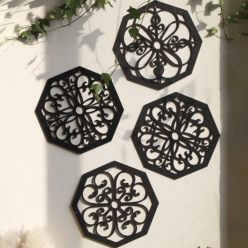 Black Set of 4 Intricate Wooden Octagonal Wall Art - European Style Mandala Decor Plaques