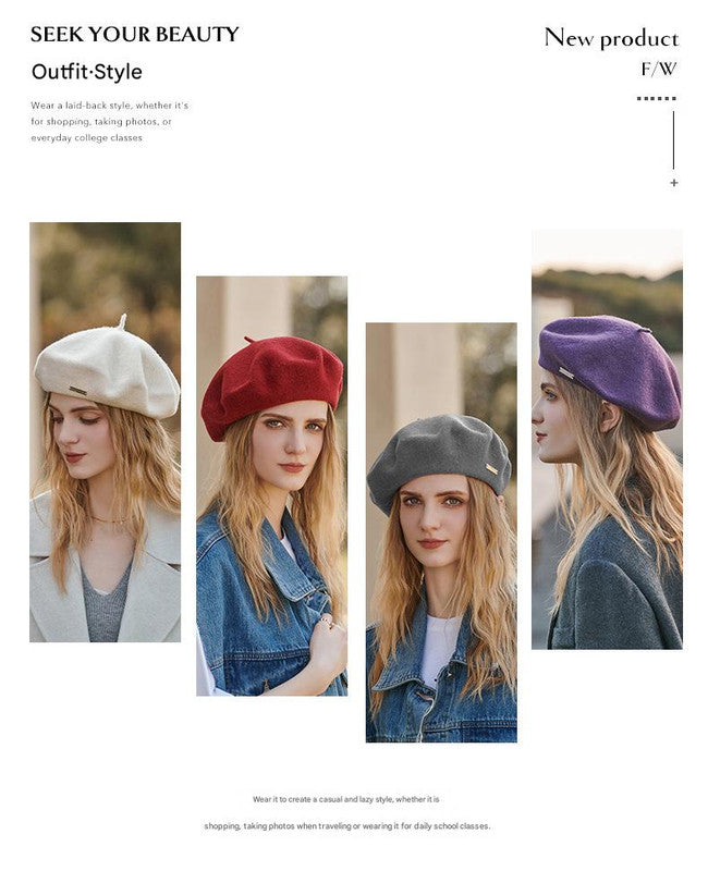 White Elegant Wool Beret - Classic Warm Thick British Style Hat for Autumn & Winter 3