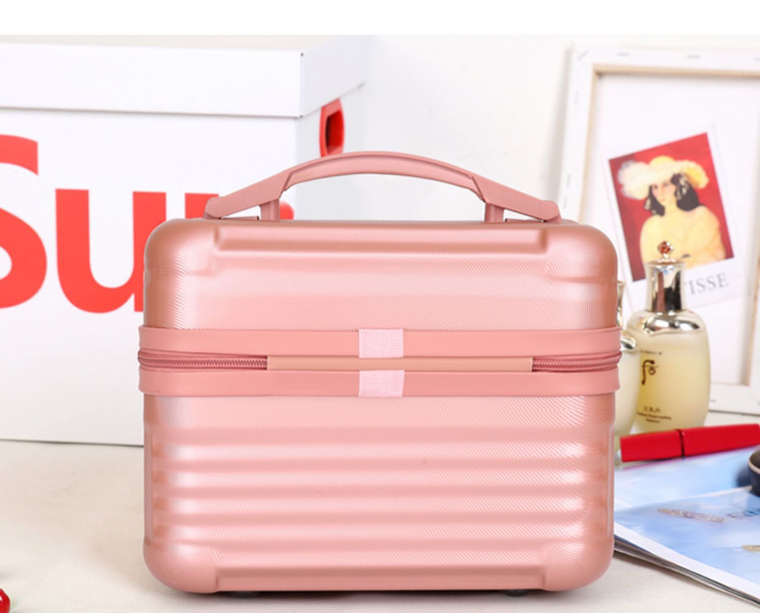 Pink Durable Hard Shell Makeup Travel Case - Large Capacity Portable Cosmetic Organizer Box with Handle 4