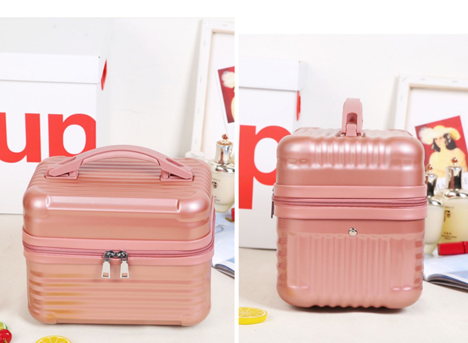 Black Durable Hard Shell Makeup Travel Case - Large Capacity Portable Cosmetic Organizer Box with Handle 3