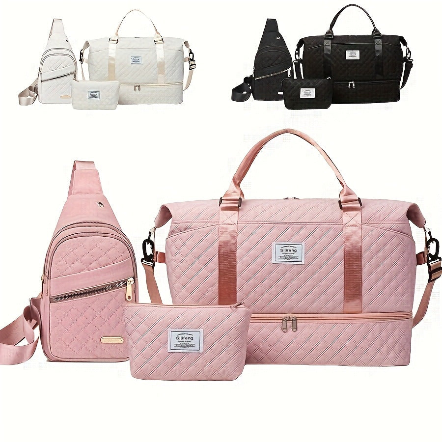 Pink Chic 3-Piece Quilted Travel Bag Set - Duffel, Crossbody Sling & Toiletry Pouch - Large Capacity & Lightweight