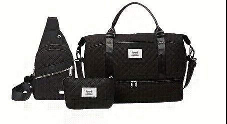 Black Chic 3-Piece Quilted Travel Bag Set - Duffel, Crossbody Sling & Toiletry Pouch - Large Capacity & Lightweight