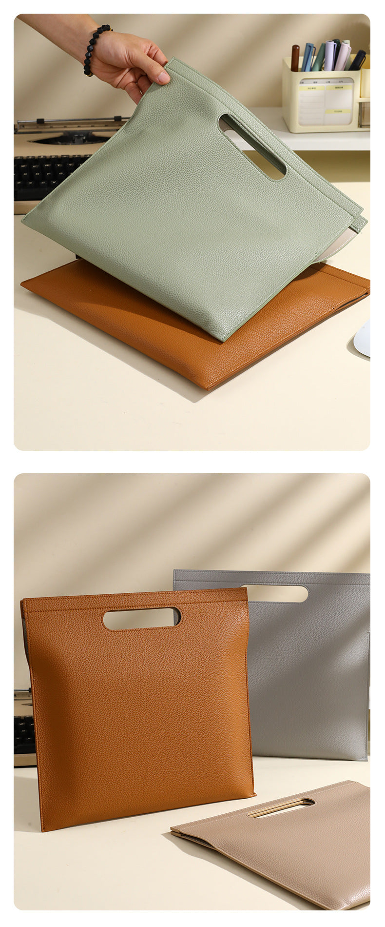 Khaki Professional A4 PU Leather Document Bag - Waterproof Handheld File Folder Portfolio for Business & Conference 10