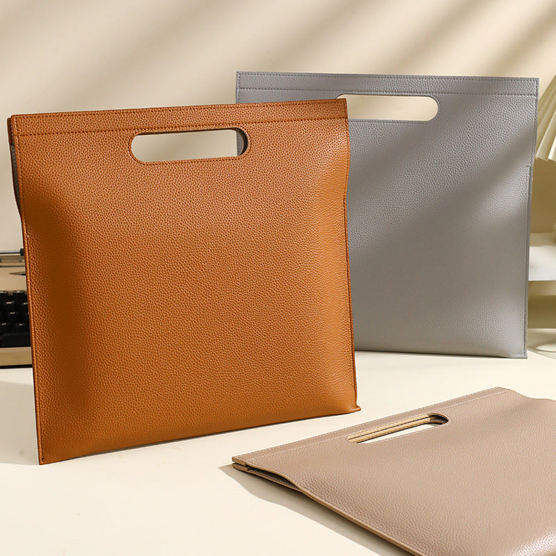 Beige Professional A4 PU Leather Document Bag - Waterproof Handheld File Folder Portfolio for Business & Conference 3