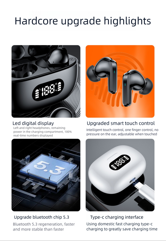 Black ProBeat X5 TWS Earbuds: Bluetooth 5.3, LED Smart Display Case, Intuitive Touch Controls, Extended Playtime 7