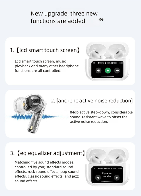 Black AuraTune Pro: TWS Earbuds with Interactive LCD Case, ANC+ENC Noise Cancellation, AI Translation & EQ Modes 6