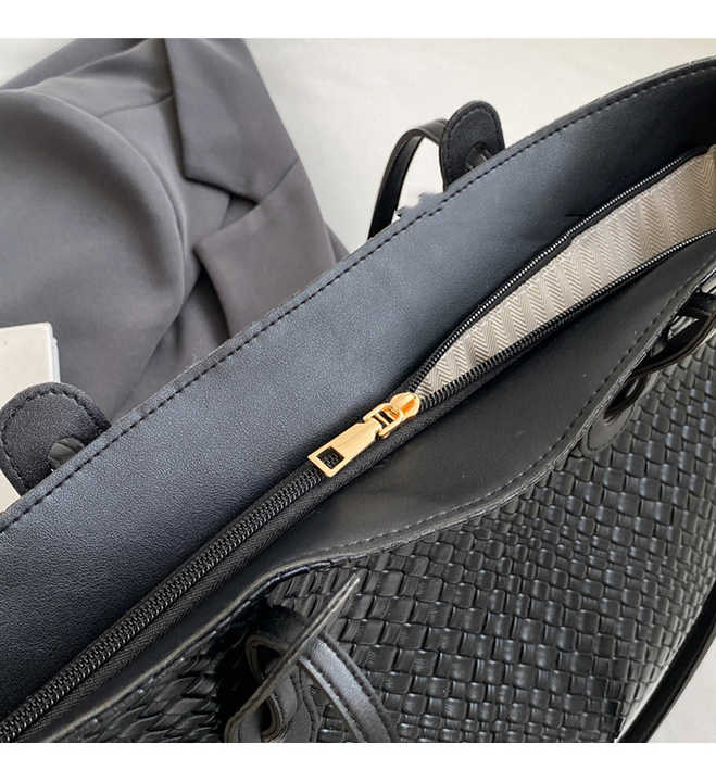 Black Chic Woven PU Leather Tote Bag - Large Capacity Casual Shoulder & Handbag for Women 5