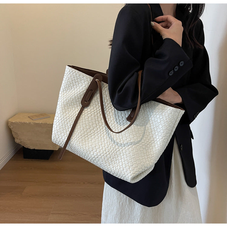 Beige and Brown Chic Woven PU Leather Tote Bag - Large Capacity Casual Shoulder & Handbag for Women 3
