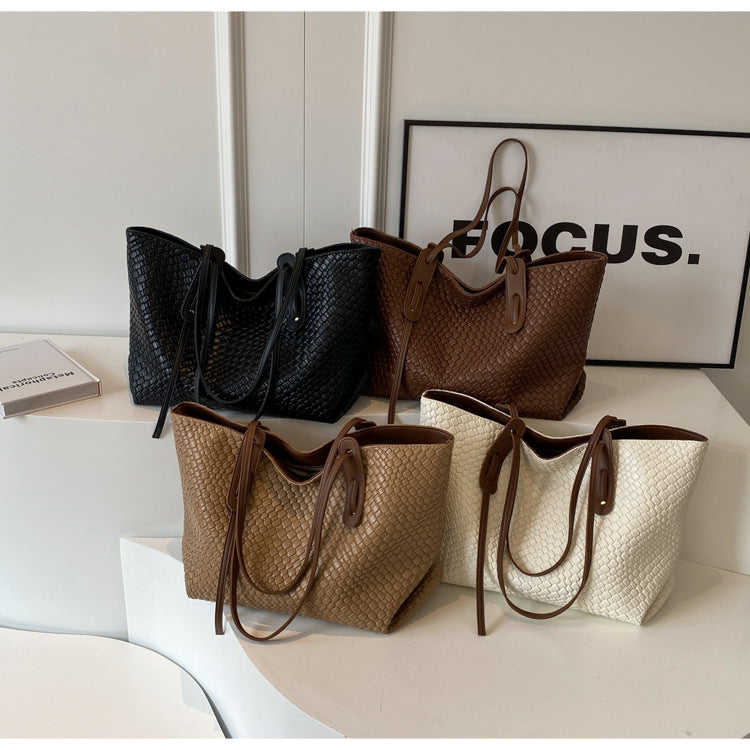 Beige and Brown Chic Woven PU Leather Tote Bag - Large Capacity Casual Shoulder & Handbag for Women 4
