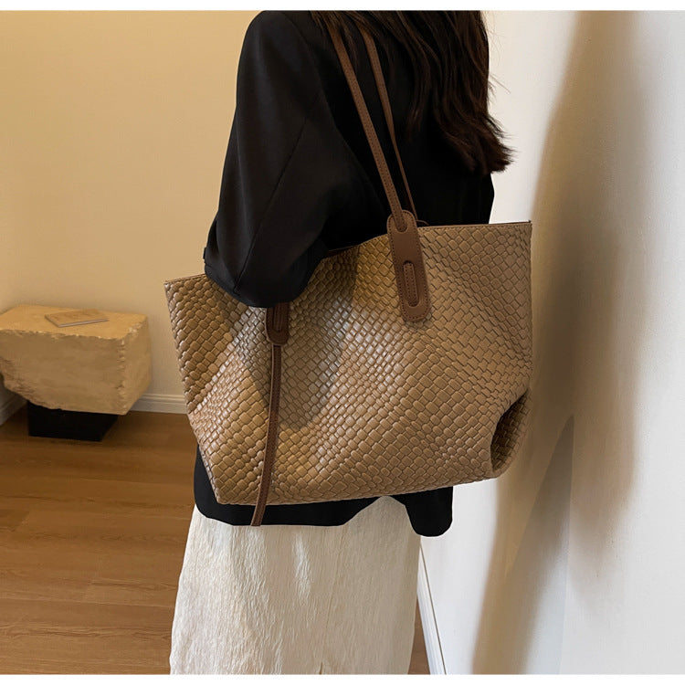 Khaki and Brown Chic Woven PU Leather Tote Bag - Large Capacity Casual Shoulder & Handbag for Women 3