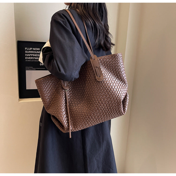 Brown Chic Woven PU Leather Tote Bag - Large Capacity Casual Shoulder & Handbag for Women 3