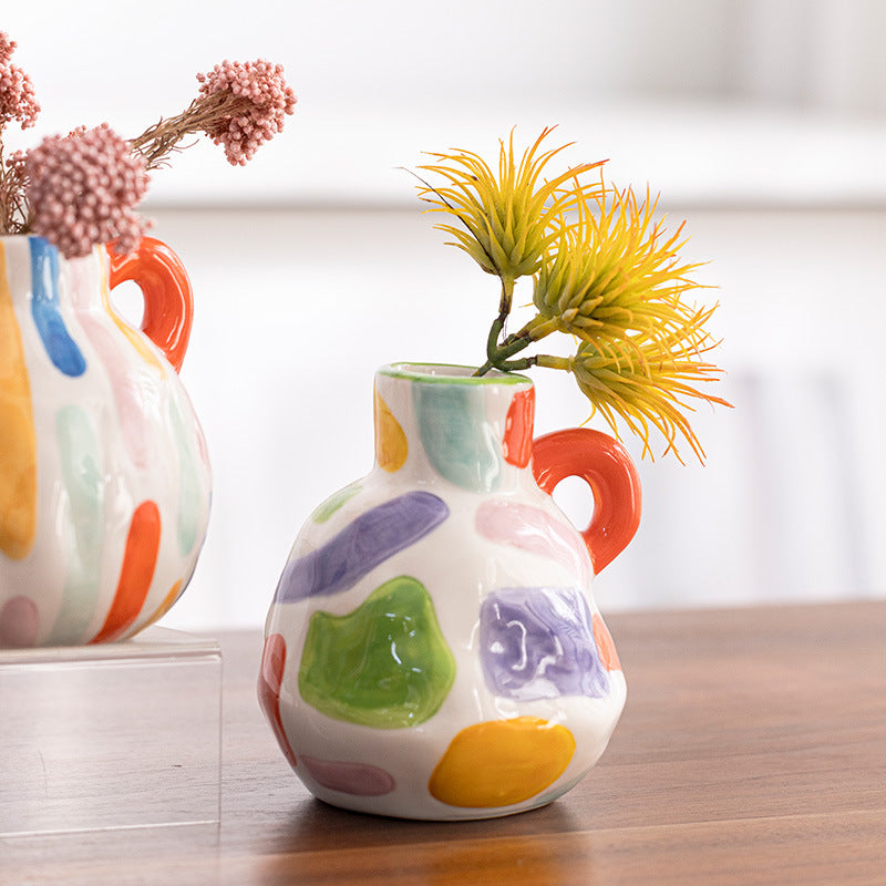 Colorful Charming Hand-Painted Ceramic Vase - Colourful Striped Jug Style Decorative Accent 3