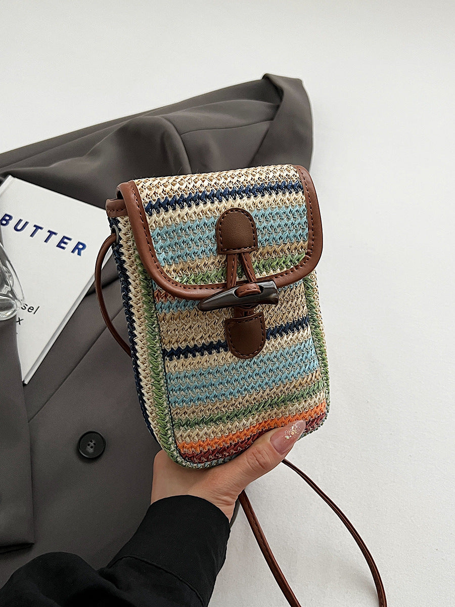 Blue And Khaki Boho Chic Woven Straw Crossbody Bag - Colourful Striped Mini Phone Pouch with Toggle Closure 4