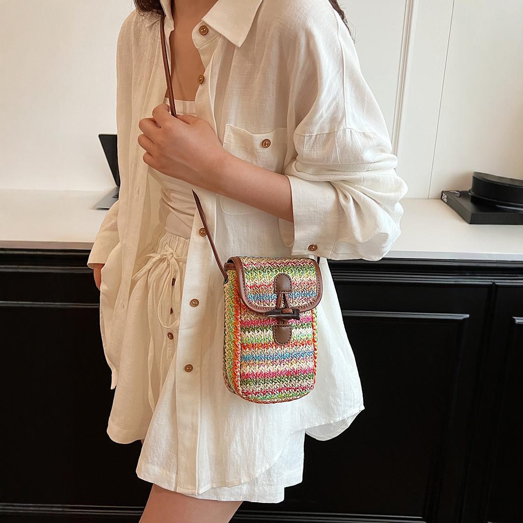 Khaki Boho Chic Woven Straw Crossbody Bag - Colourful Striped Mini Phone Pouch with Toggle Closure 3