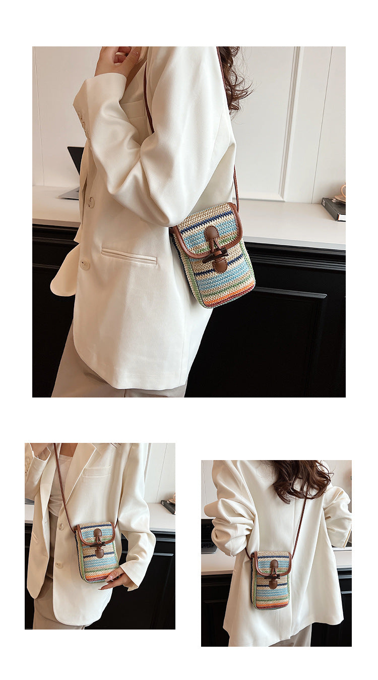 Khaki Boho Chic Woven Straw Crossbody Bag - Colourful Striped Mini Phone Pouch with Toggle Closure 5