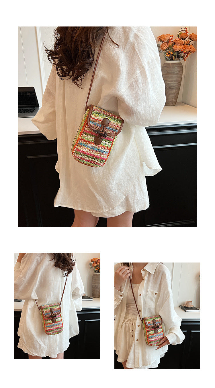 Khaki Boho Chic Woven Straw Crossbody Bag - Colourful Striped Mini Phone Pouch with Toggle Closure 6