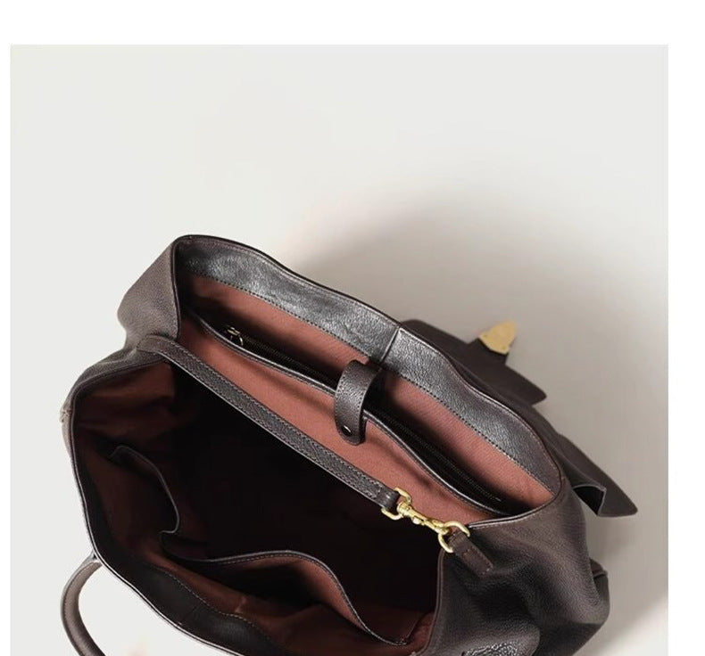 Size XL Coffee Elegant Women's Leather Briefcase Tote - Vintage Style Large Capacity Commuter Handbag - Premium Cowhide Leather 7
