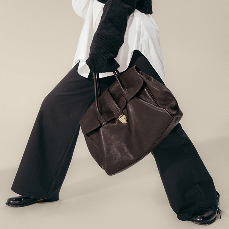 Size L Coffee Elegant Women's Leather Briefcase Tote - Vintage Style Large Capacity Commuter Handbag - Premium Cowhide Leather 3
