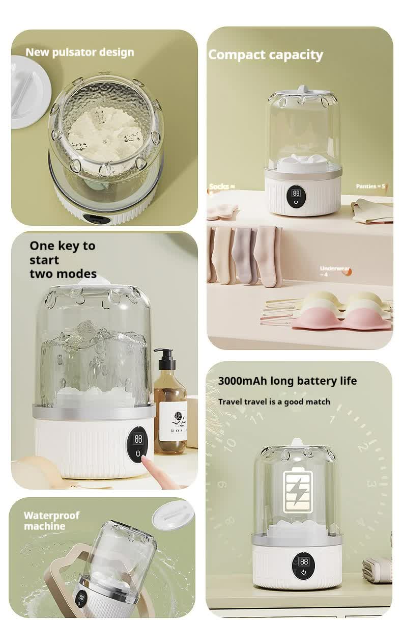 White Portable Mini Washing Machine - Rechargeable USB-C Electric Washer for Travel, Delicates & Socks 6
