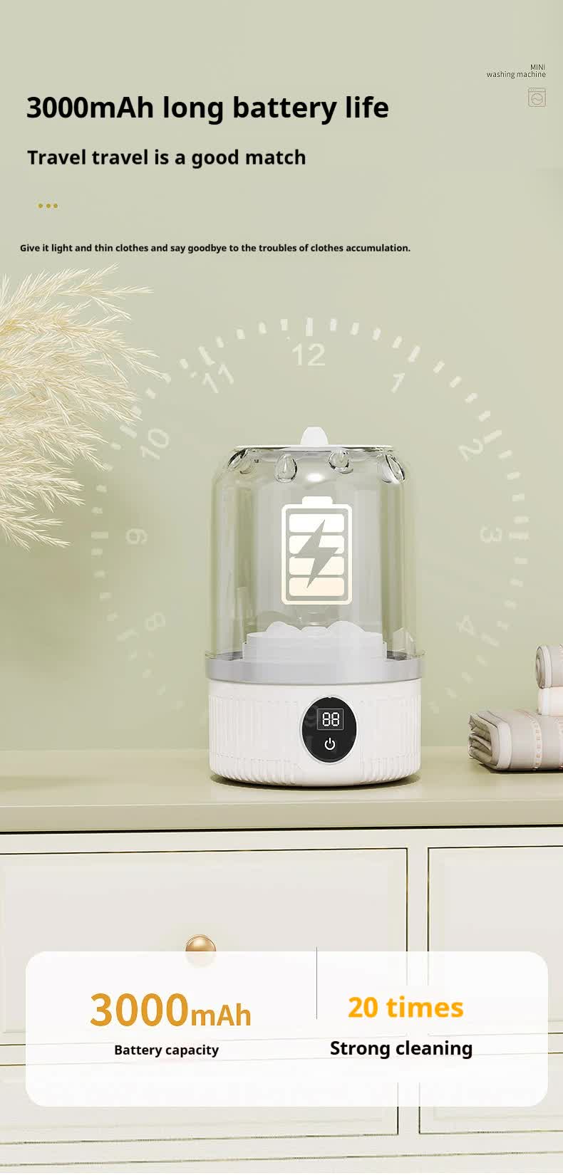 White Portable Mini Washing Machine - Rechargeable USB-C Electric Washer for Travel, Delicates & Socks 11